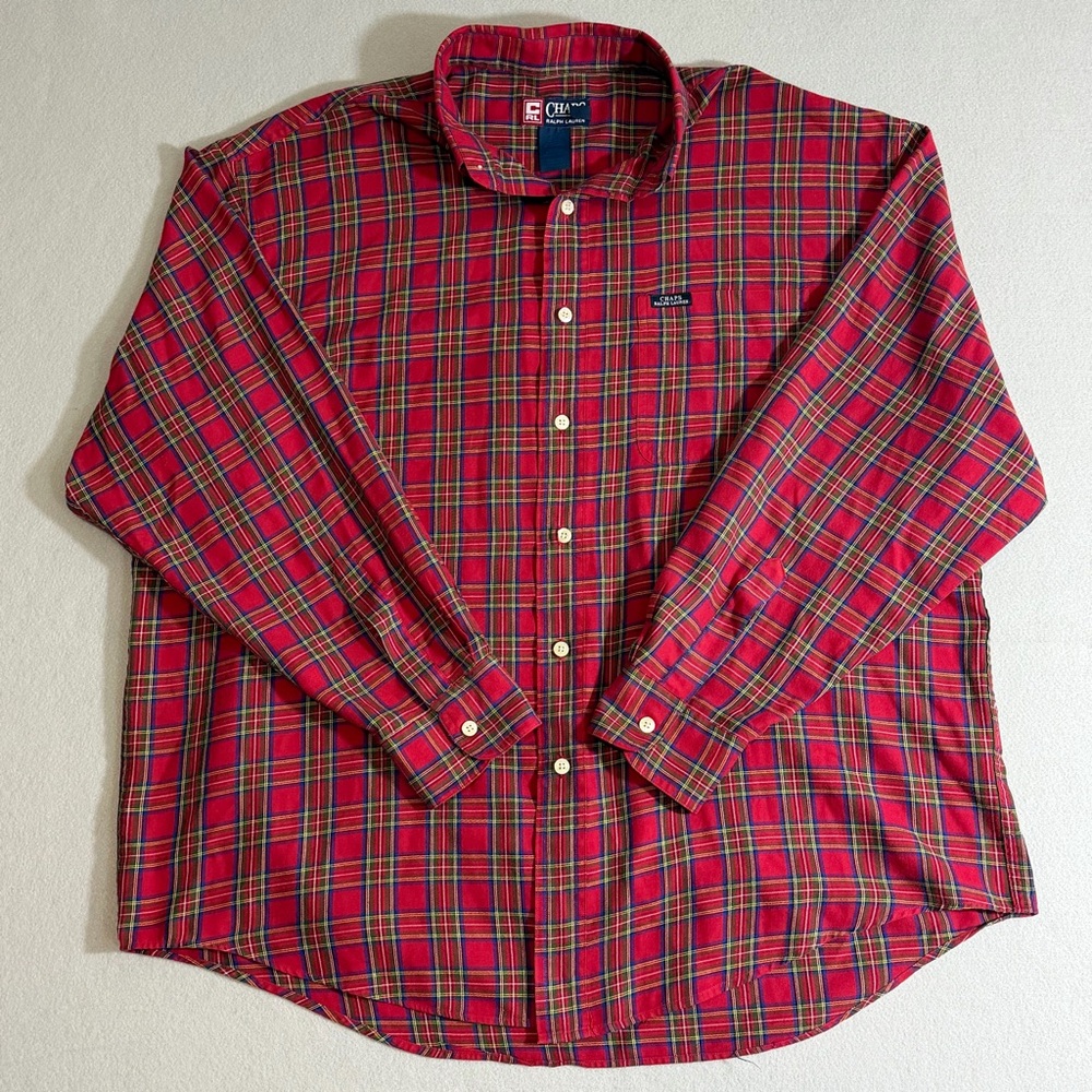 Vintage Chaps Ralph Lauren Men’s XL Red Tartan Plaid Button Down Dress Shirt - Picture 2 of 12